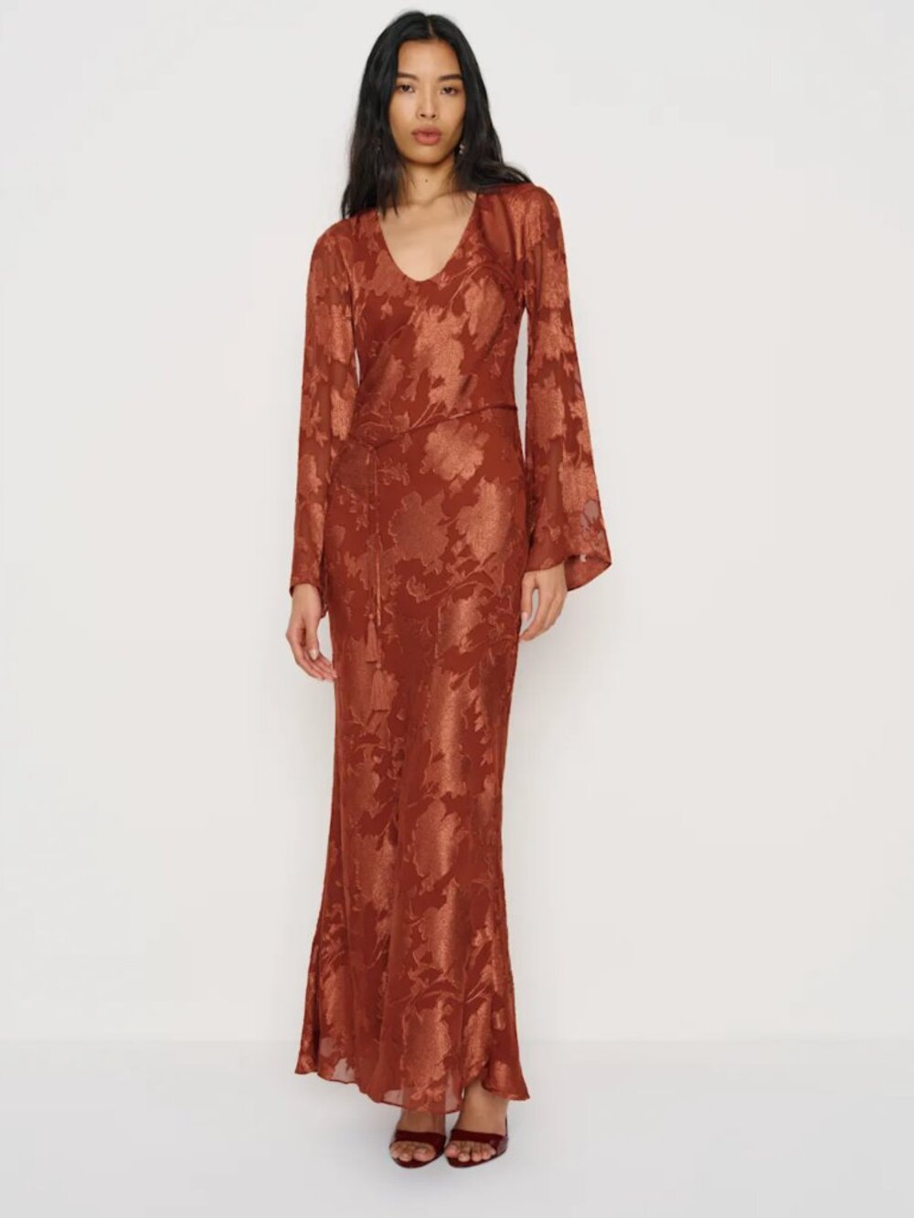 Reformation Rust Floral Satin Long Sleeve Gown